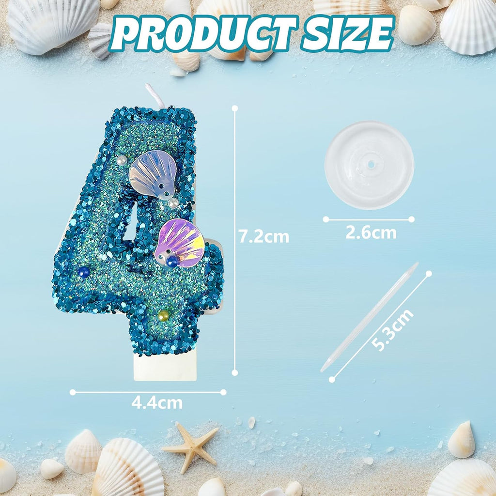 Blue Shell Sequin Number Candle Birthday Cake Number Candle for Mermaid Theme Party, Wedding, Party, Party Decoration Supplies (4)