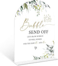 Greenery Bubble Send Off Sign, 6 x 8 Inch White Arch Acrylic Wedding Sign with Holder, Wedding Sign for Ceremony and Reception, Wedding Decoration, Wedding Supplies - LY14