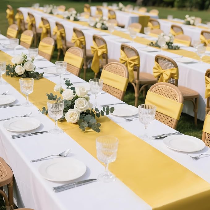 SHEJIZE 20 Pack Light Gold Satin Table Runner 12x108 Inches Long, Bright Silky Smooth Satin Table Runner Table Decor for Wedding Banquet Christmas Prom Event Birthday Party
