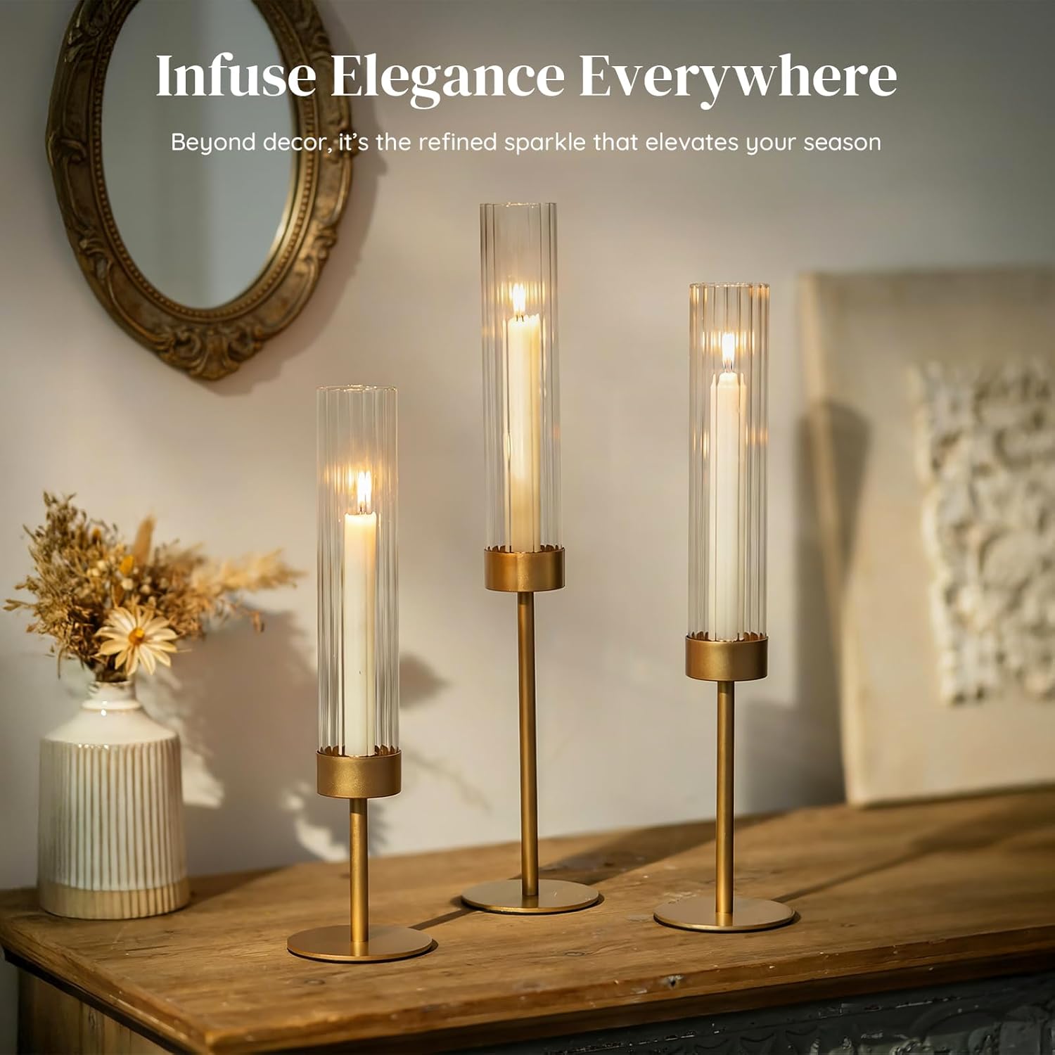 Gold Hurricane Taper Candle Holders: Glasseam 3Pcs Brass Candlestick Holders with Ribbed Glass Cylinder Cover Fluted Tall Candle Sticks Holder Decor for Table Centerpiece Wedding Christmas Decorations