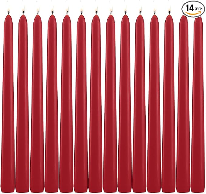 14 Pack Tall Red Taper Candles - 10 Inch Red Dripless, Unscented Dinner Candle - Paraffin Wax with Cotton Wicks - 8 Hour Burn Time.
