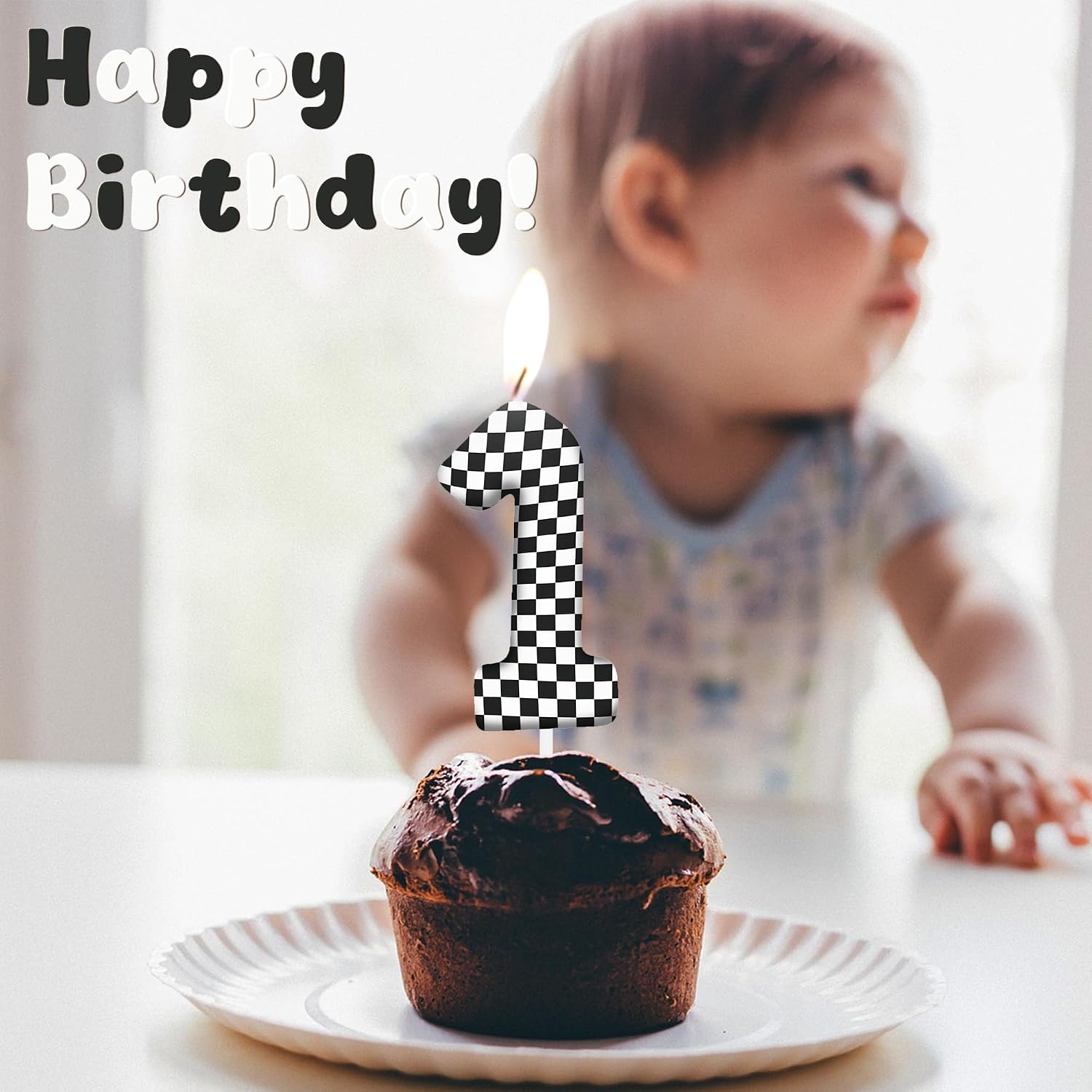 Race Car Birthday Number 4 Candles Cake Topper Birthday Party Decorations | Black and White Checkered Flag Themed Birthday Candles for Cupcake Topper Boys Girls Party Supplies