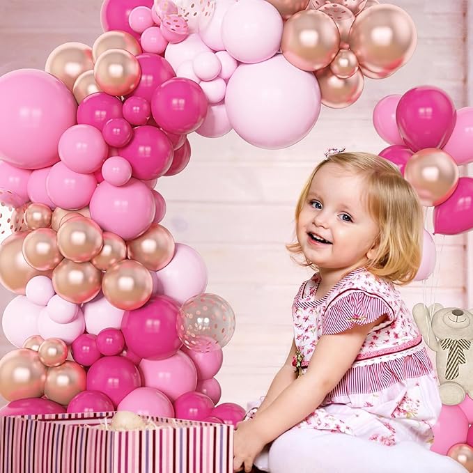 Amandir 153pcs Pink Balloon Garland Arch Kit, Different Sizes 18 12 10 5 inch Hot Pink Latex Metallic Confetti Rose Gold Balloons for Birthday Baby Shower Wedding Party Decorations