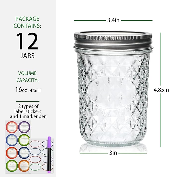 Wide Mouth Mason Jars 12Pack,Mason Jars 16 oz with Lids,Canning Jars with Metal Airtight Lids and Bands,Ideal for Jam, Water,Vegetative,Beans, Candy,Honey, Wedding Favors