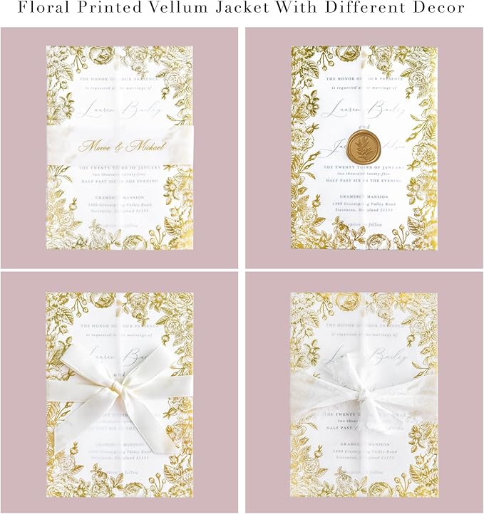 PONATIA 50 PCS Vellum Jackets for 5x7 Wedding Invitation Cards- 135gsm Floral Printed Vellum Sleeves, Invitation Cards Wraps (Champagne Gold Foil)