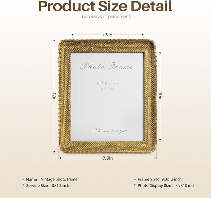 Cuspin 8x10 Picture Frame Gold, Vintage Gold Frames Rattan Textured Hand-Crafted Resin Photo Frame with Glass Front for Tabletop Display & Wall Display, Retro Design Home Decor