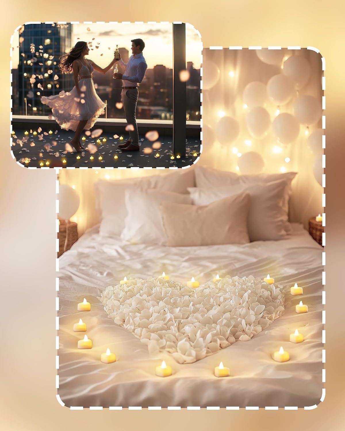 Homemory Rose Petals and Candles Set for Romantic Decorations Special Night, 2000 Pcs White Rose Petals with 24 Pcs LED Heart Candles Lights for Proposal, Anniversary, Birthday, Wedding Decor
