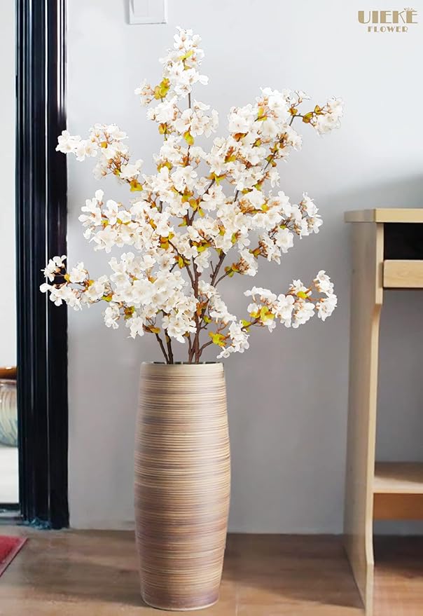 Uieke Silk Cherry Blossom Branches, 39.3in Artificial Cherry Blossom Tree Stems, Fake Plum Blossom Flowers Arrangement for Wedding Home Japanese Decor, Set of 3, White