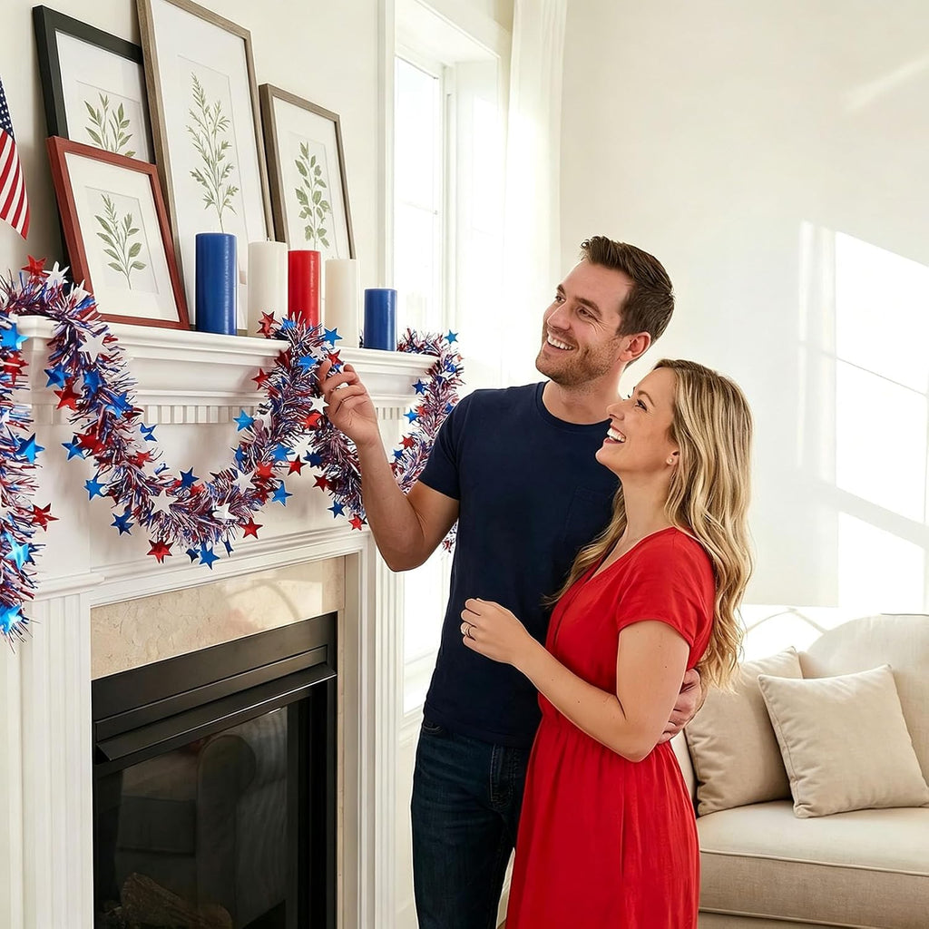 50 Ft Patriotic Glitter Tinsel Garland Decoration,4th of July Garland Decor for Car Tree Golf Cart Parade Float Bike,Independence Day Memorial Day Home Holiday Party Decor,Red White Blue
