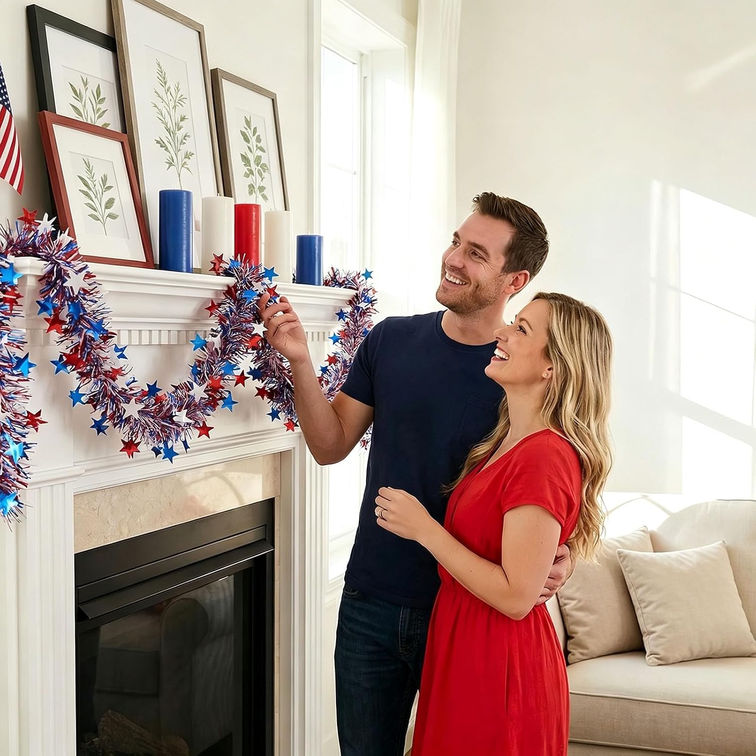 50 Ft Patriotic Glitter Tinsel Garland Decoration,4th of July Garland Decor for Car Tree Golf Cart Parade Float Bike,Independence Day Memorial Day Home Holiday Party Decor,Red White Blue