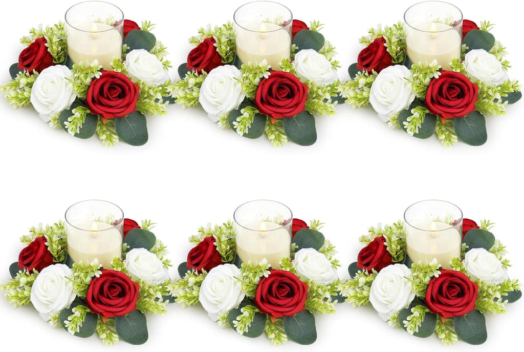 Crimson Rose Candle Rings with Flameless Candles Sets - 12PCS Artificial Flower Eucalyptus Wedding Centerpiece 3 Inch Pillar Candleholders Wreaths for Wedding Party Decor (Crimson - 6 Sets)