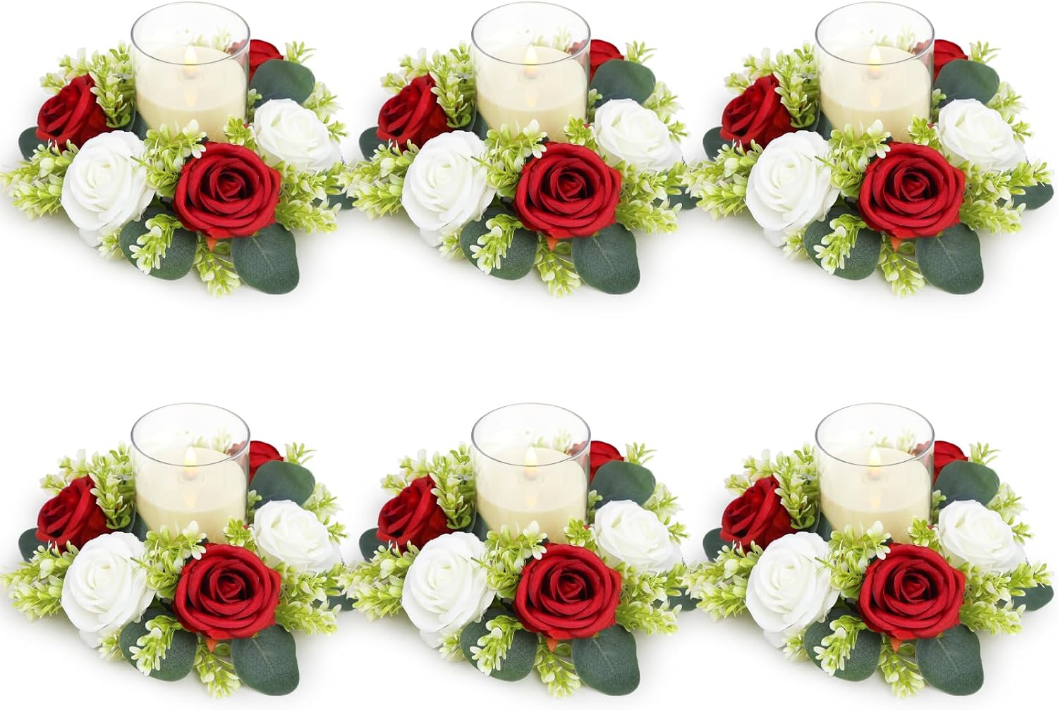 Crimson Rose Candle Rings with Flameless Candles Sets - 12PCS Artificial Flower Eucalyptus Wedding Centerpiece 3 Inch Pillar Candleholders Wreaths for Wedding Party Decor (Crimson - 6 Sets)