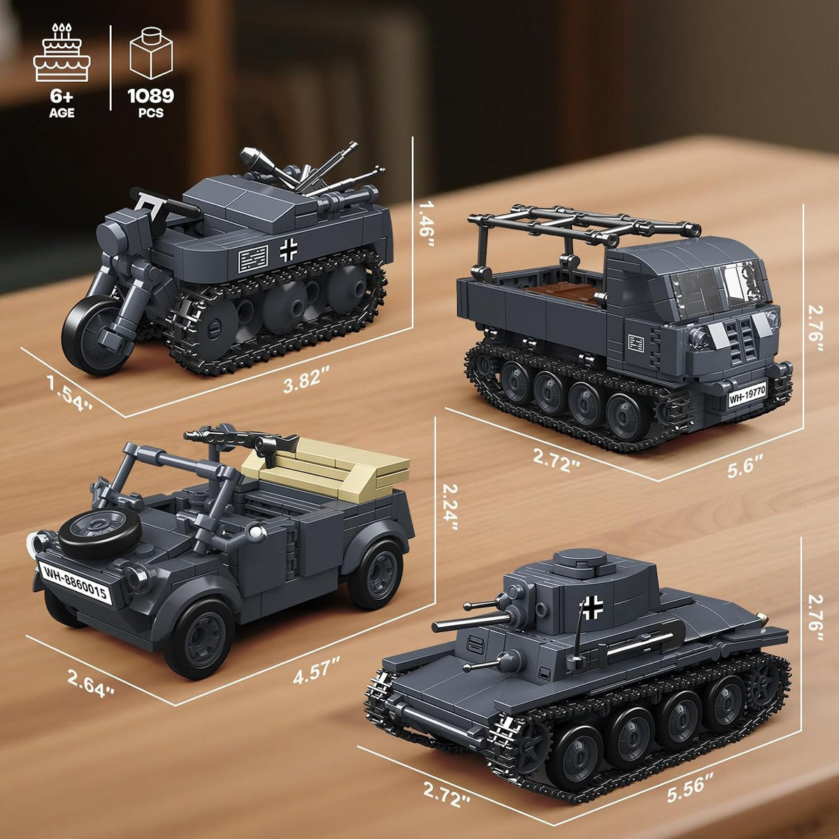 4 in 1 ww2 army tank building block on a desk or shelf