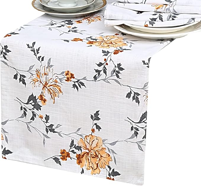 Ruvanti 100% Cotton Table Runner 72 Inches Long, Non-Slip, Stain Resistant, Washable & Reusable Table Runners Perfect for Wedding, Parties, Christmas, Holiday, in-Door use - Grey Floral