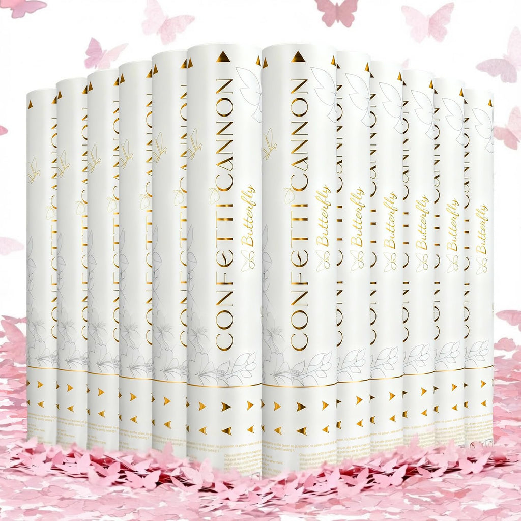 Confetti Cannon Butterfly Confetti Poppers 12 Pack Party Poppers 12 inch Pink Confetti Shooters Butterfly Sticks for Wedding Birthday Graduation Anniversary Bridal Shower Valentines Christmas New Year