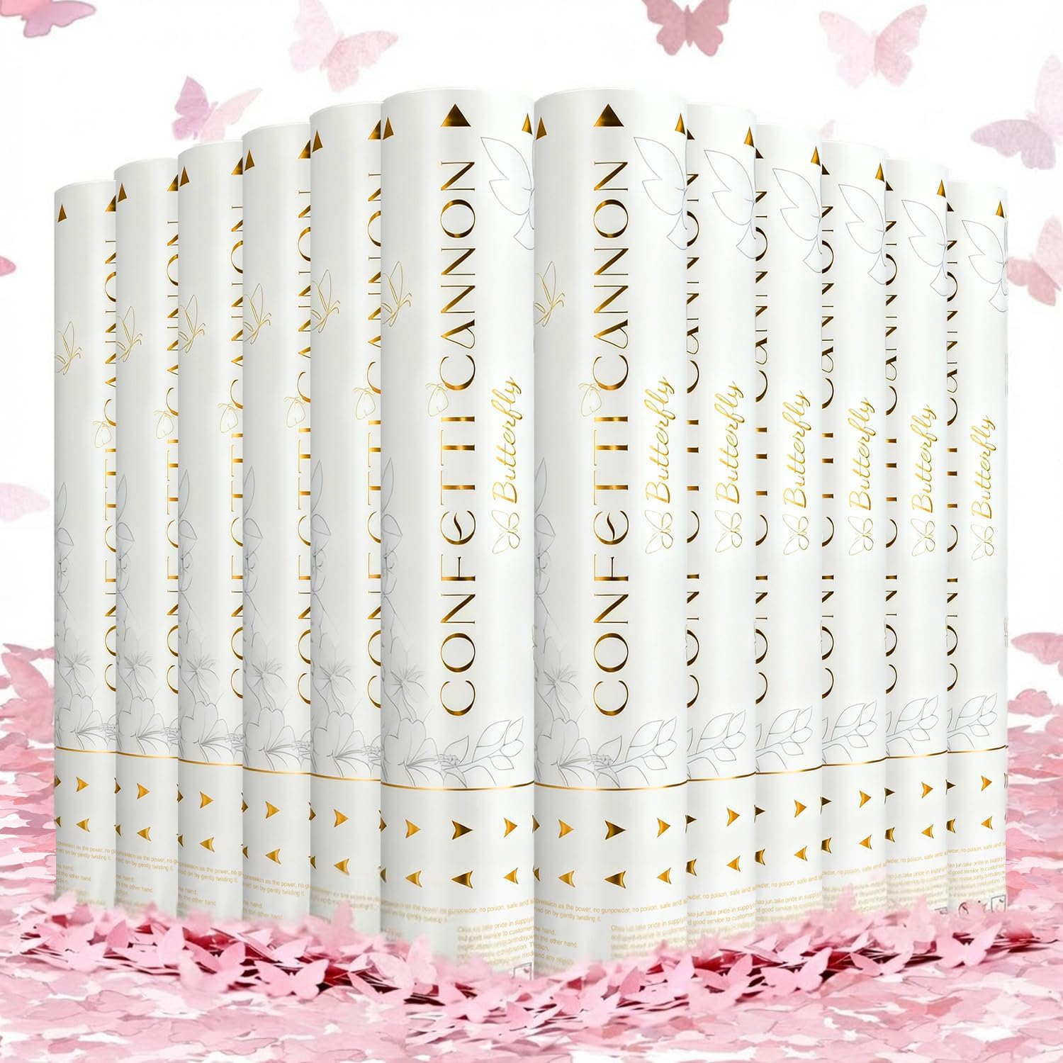 Confetti Cannon Butterfly Confetti Poppers 12 Pack Party Poppers 12 inch Pink Confetti Shooters Butterfly Sticks for Wedding Birthday Graduation Anniversary Bridal Shower Valentines Christmas New Year
