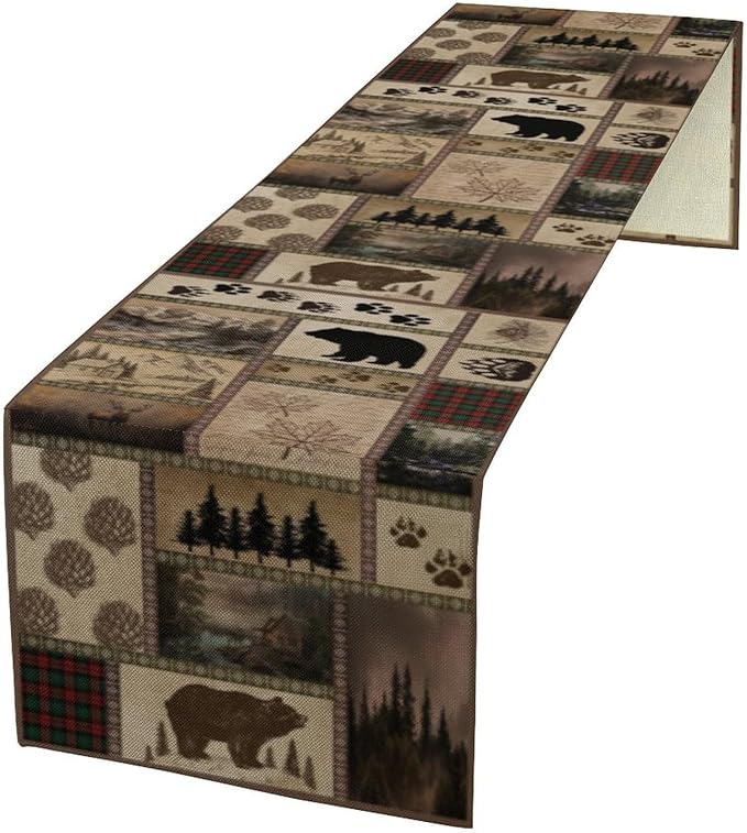 Retro Rusticd Cabin Table Runner Bear Country Farmhouse Vintage Lodge Table Runner for Party Dinner Festival Bedroom Living Room Kitchen 13x70 Inch