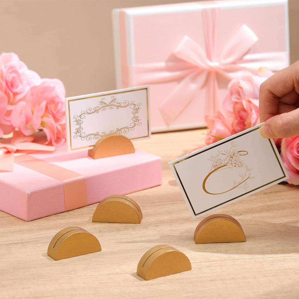Colingmill 24 Pcs Wooden Table Number Stands Wedding Table Name Holder Semicircular Design Place Card Holders with 24 Pcs Tented Cards for Retail Shop Wedding Party Events Decoration(Gold)