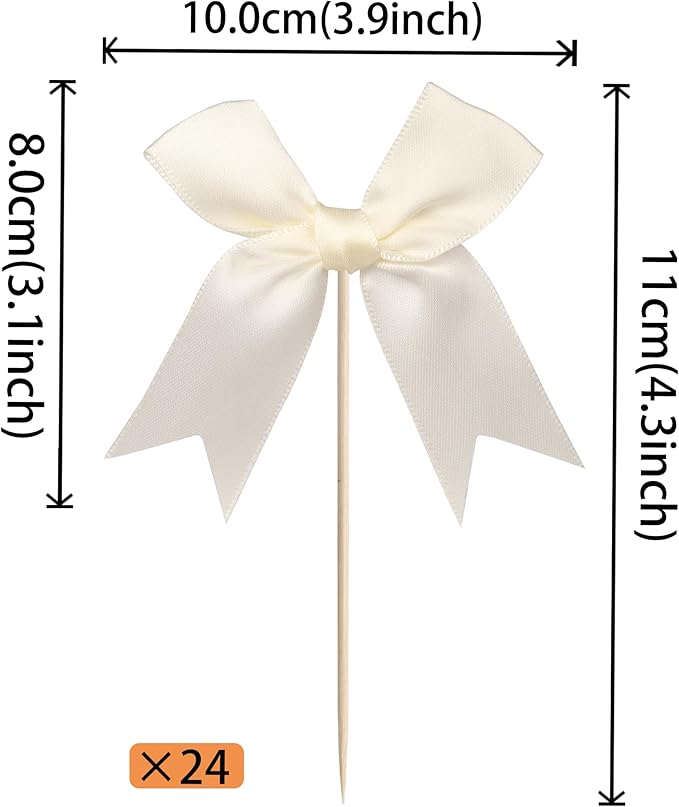 24 PCS Bow Cupcake Toppers Bowknot Coquette Bow Girls Birthday Cake Decorations Bow Cake Toppers Bowknot Cupcake Picks for Baby Shower Birthday Wedding Bridal Engagement Party Supplies Beige