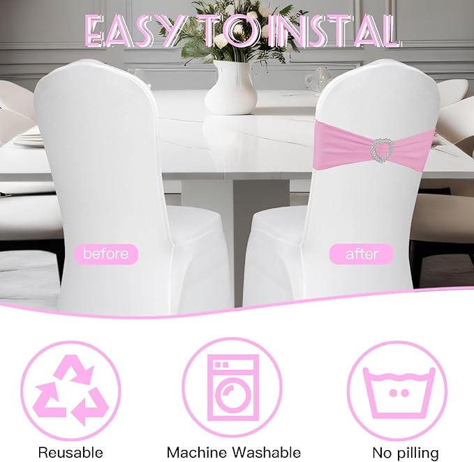 100PCS Spandex Stretch Chair Sashes Bows Universal Elastic Chair Cover Bands Ties with Buckle Slider for Wedding Party Birthday Reception Events Banquet Decoration(Pink)