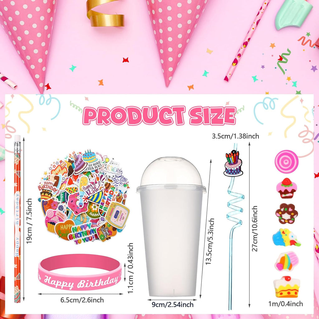 Baderke 24 Sets Birthday Gifts Party Favors Set Include Reusable Cups with Dome Lids Straw Decoration Pencil Heart Eraser Silicone Bracelet Stickers (Birthday A)