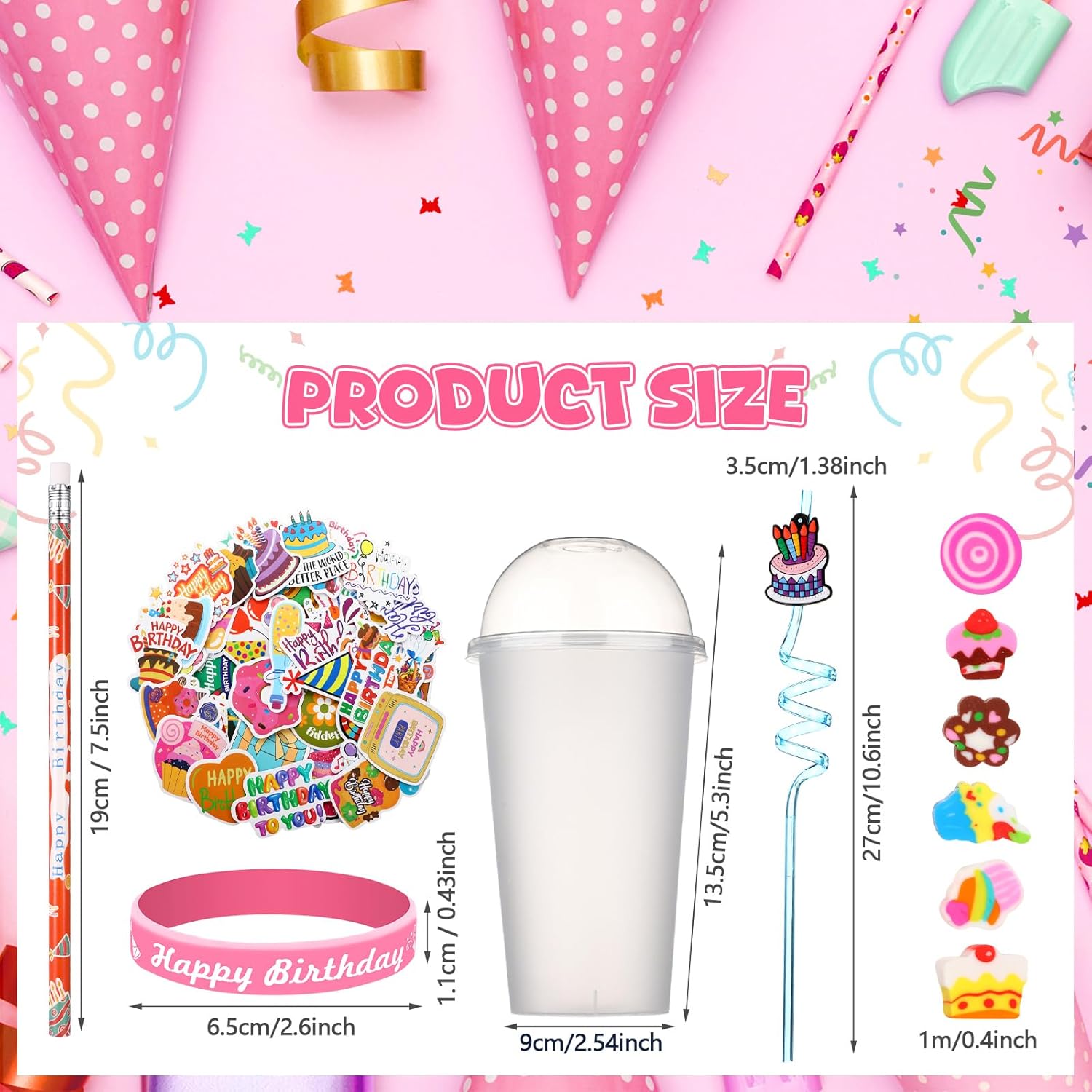 Baderke 24 Sets Birthday Gifts Party Favors Set Include Reusable Cups with Dome Lids Straw Decoration Pencil Heart Eraser Silicone Bracelet Stickers (Birthday A)