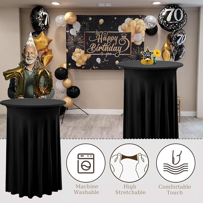 Albassa 2 Pack Cocktail Table Covers 32"x 43" Spandex Stretch Round Cocktail Tablecloths with Wavy Drapes Fitted High Top Bar Table Skirt for Wedding Party Banquet (Black, 2 PCS)