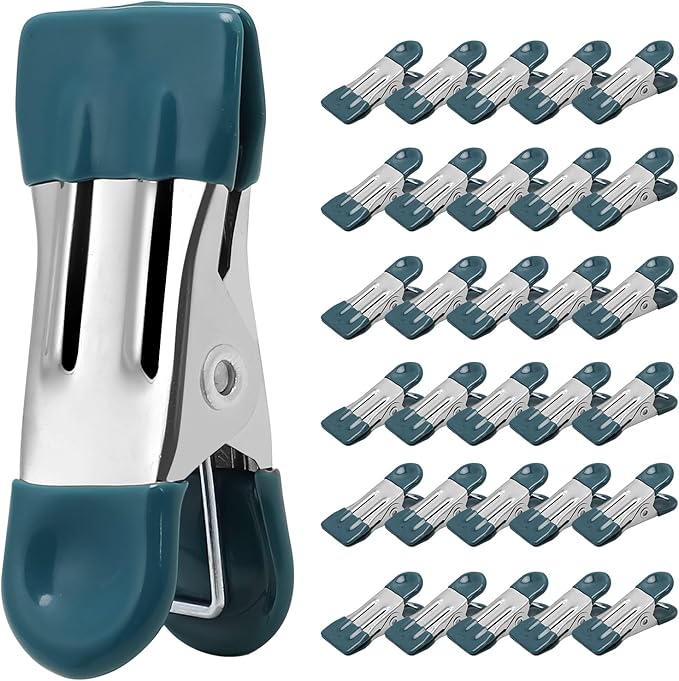 Clothes Pins Heavy Duty 30 Pack - 2.17 Inch Metal Chip Clips, Clothespins for Photo Drying Clothesline Laundry Sock, Bag Clips for Food Kitchen Stainless Steel with Rubber, Dark Green