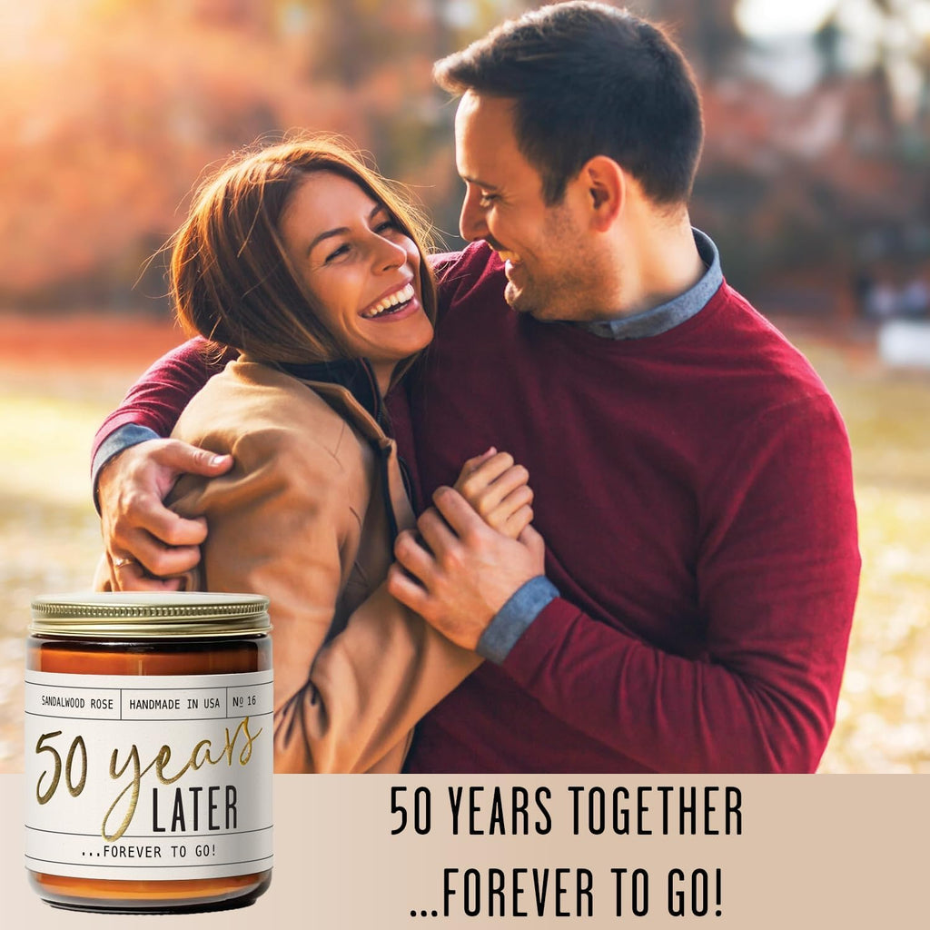 50th Wedding Anniversary Gifts, 50th Anniversary Gifts for Couple - '50 Year Later' Candle, w/Sandalwood Rose - infused w/Essential Oils I 50 Year Anniversary Gifts for Wife I 50Hour Burn I USA Made