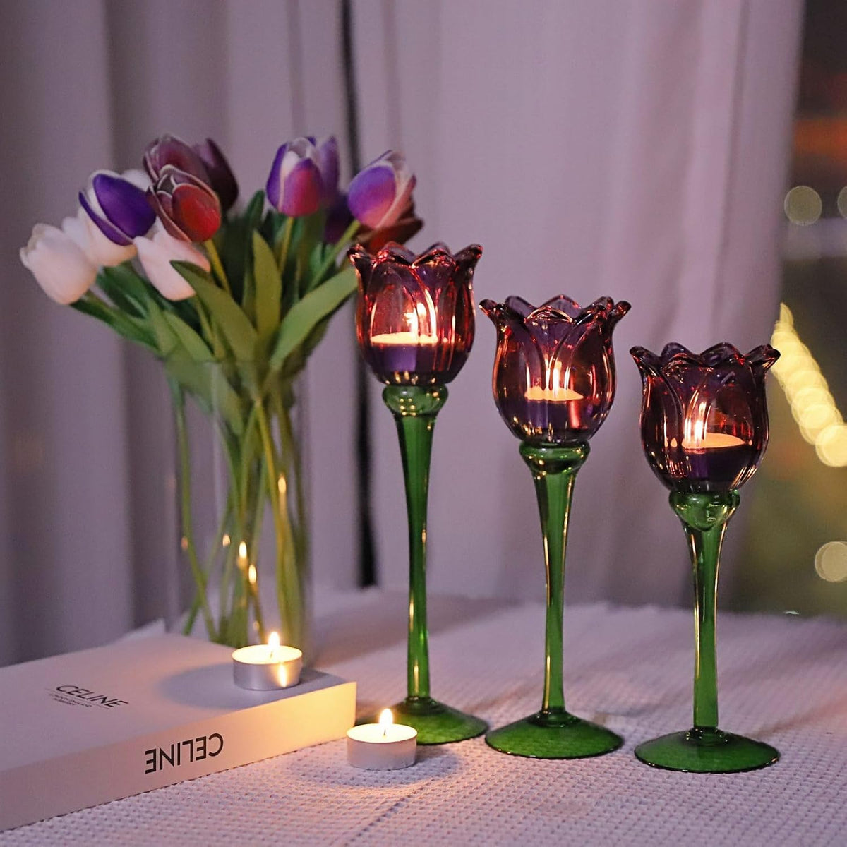 VOHO Purple Tulip Tealight Candle Holder Set of 3, Halloween Candle Holder