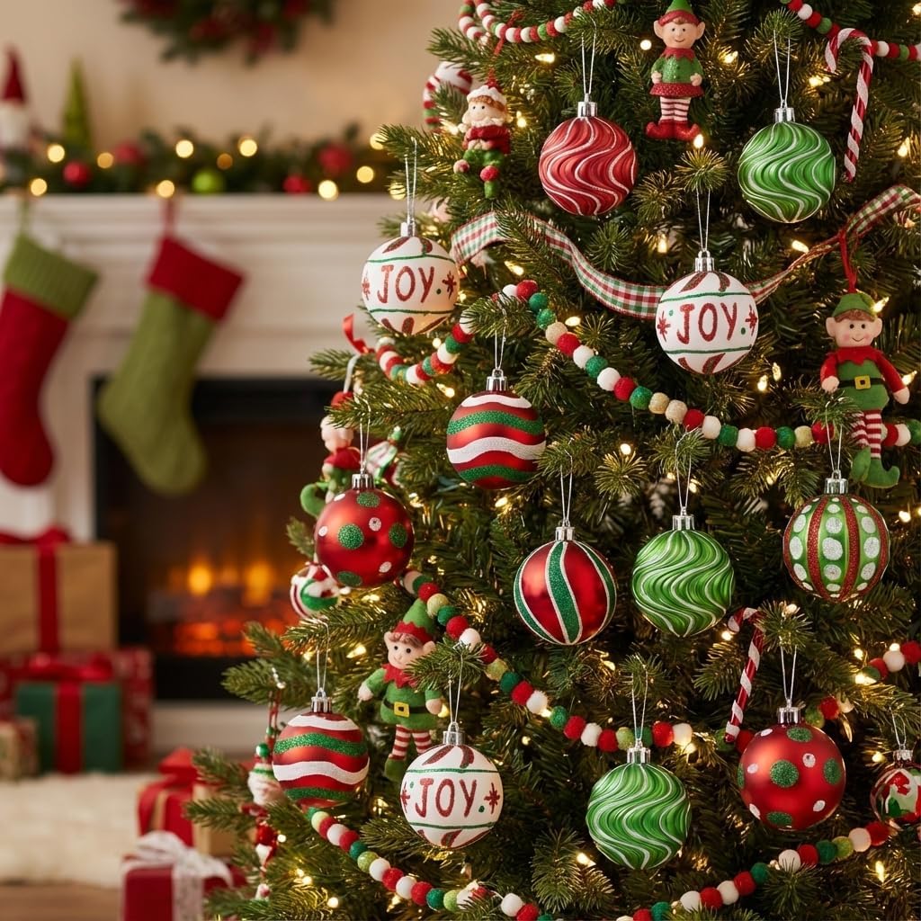 Valery Madelyn Christmas Ornaments Set, 16ct Red Green White Shatterproof Christmas Tree Decorations Ball Ornaments Bulk, 2.36 Inch Hanging Ornaments for Xmas Trees Holiday Party Decor