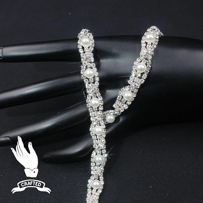 PEARLY JUN 2 Yards Pearl Rhinestone Trim Chain Silver Crystal Fringe Diamond Applique Ribbon String Tassel Strip for Sewing Wedding Dress Crafting Crafts Flower Embellishments