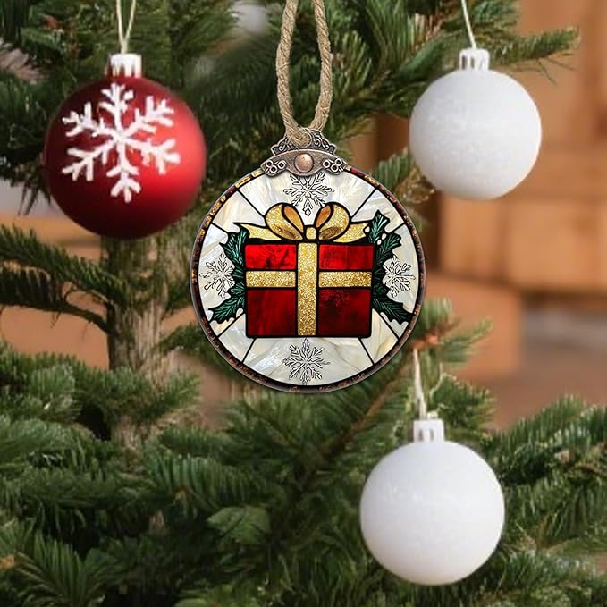 Stained Glass Christmas Decorations, Gold Ribbon Suncatcher for Window Christmas Tree Hanging Ornaments Retro White Snowflake Sun Catcher Xmas Decor Gifts for Women Men Mom Nana Friend