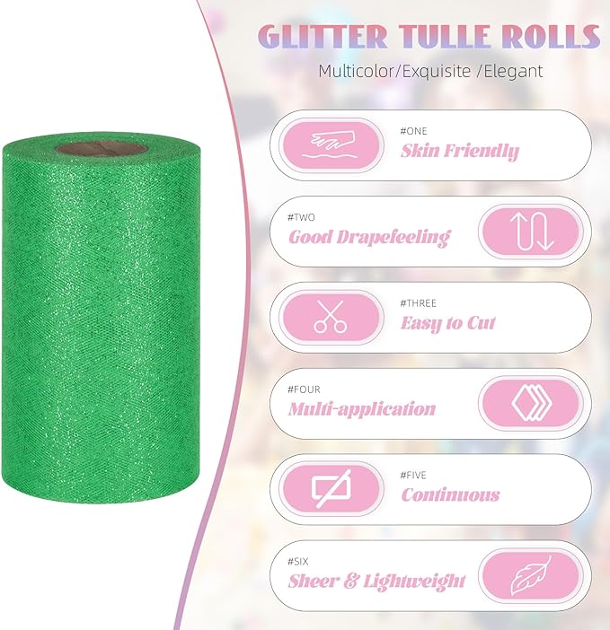 Glitter Tulle Rolls 6" by 50 Yards - Sparkle Fabric Ribbon With Sequins for DIY Tutu Skirt, Wedding, Birthday Party Decoration (Green)