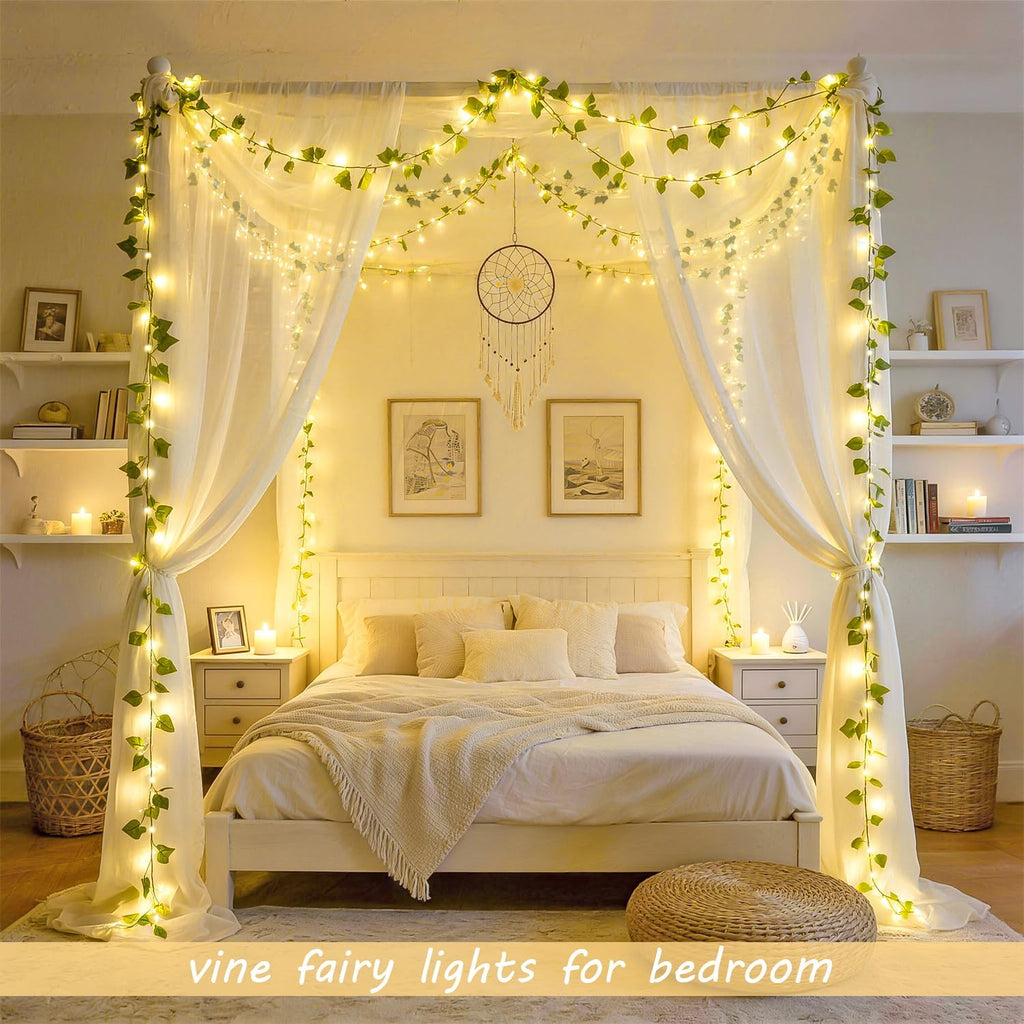 JMEXSUSS 33Ft Vines with Lights Battery Operated, 100 LED Ivy Vines with Fairy Lights Leaf with Remote for Bedroom Wall Classroom Dorm Wedding Birthday Party Decor(Warm White)