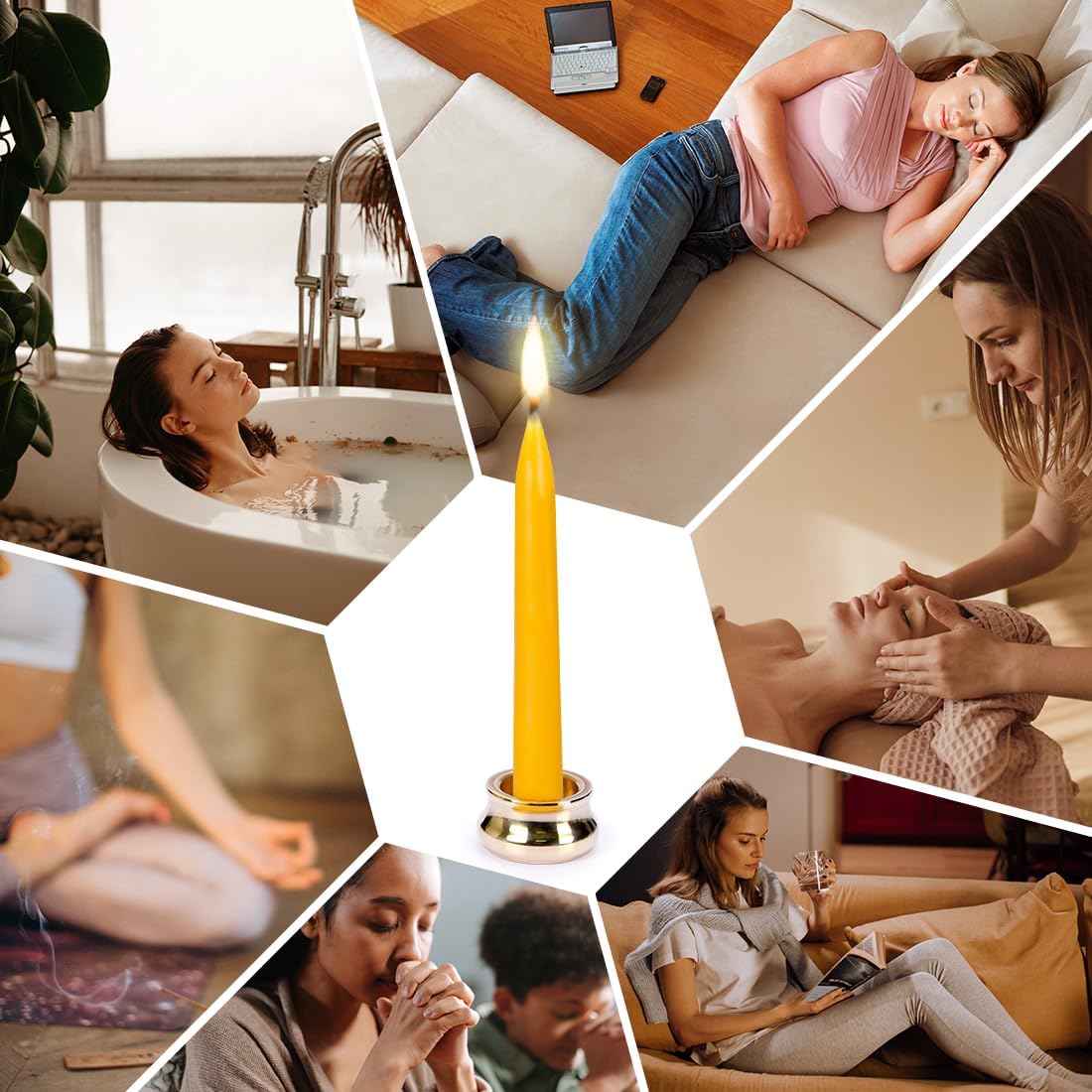 20-Minute Beeswax Meditation Candles, 20-Count with Brass Holder | 100% pure beeswax mini tapers, 20min burn timer, Includes brass holder, Dripless, Luxury tactile gift box