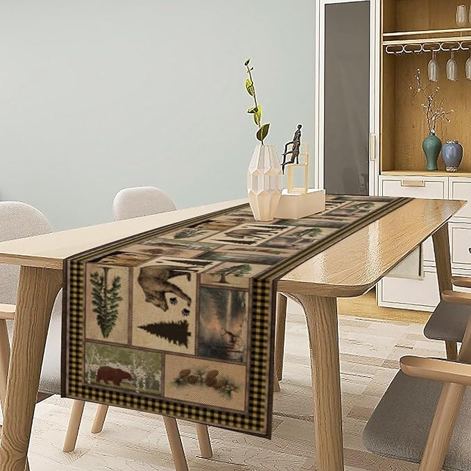 Country Lodge Bear Table Runner, Retro Vintage Bear Cottage Country Style Cabin Farmhouse Dinner Runner for Home Kitchen Dining Table Decoration,13x70 Inch