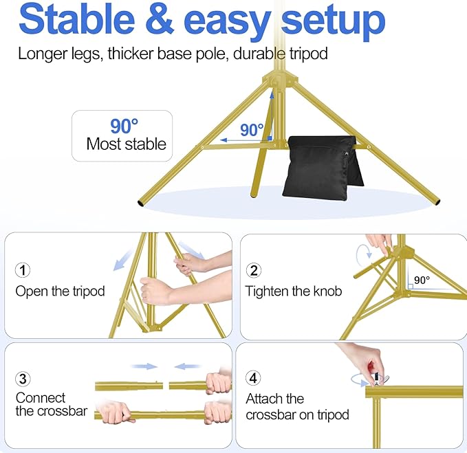 EMART Backdrop Stand, 20x7ft(WxH) Large Adjustable Background Support System with 308° Angle Rotatable Connector, 8 Clamps, 3 Sandbags and Carry Bag for Paties, Wedding, Photography -Titanium Gold