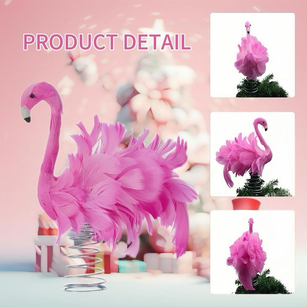 Pink Flamingo Christmas Tree Topper, Flamingo Tree Toppers with Fluffy Artificial Feathers, Christmas Home Holiday Ornament (Pink, 9.8" * 9.1" * 5")