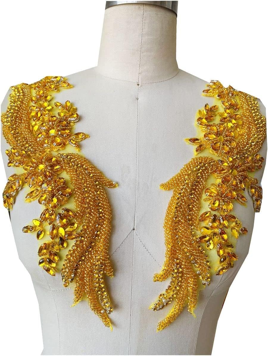 Handmade Rhinestones lace Applique handsewing Beads Trim Patches for Dress Cl...