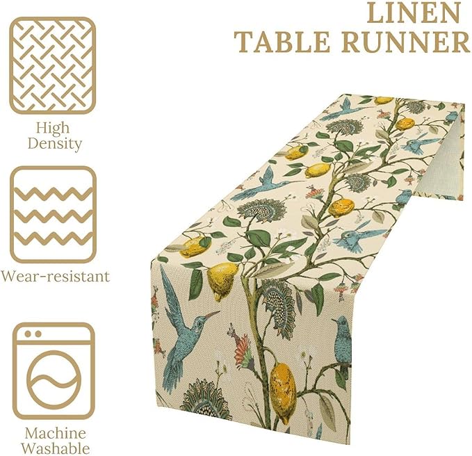Table Runner with Flowers and Birds, Spring Plant Flowers Table Decoration Linen Table Runner Family Party Party Decorations 13x60 Inches