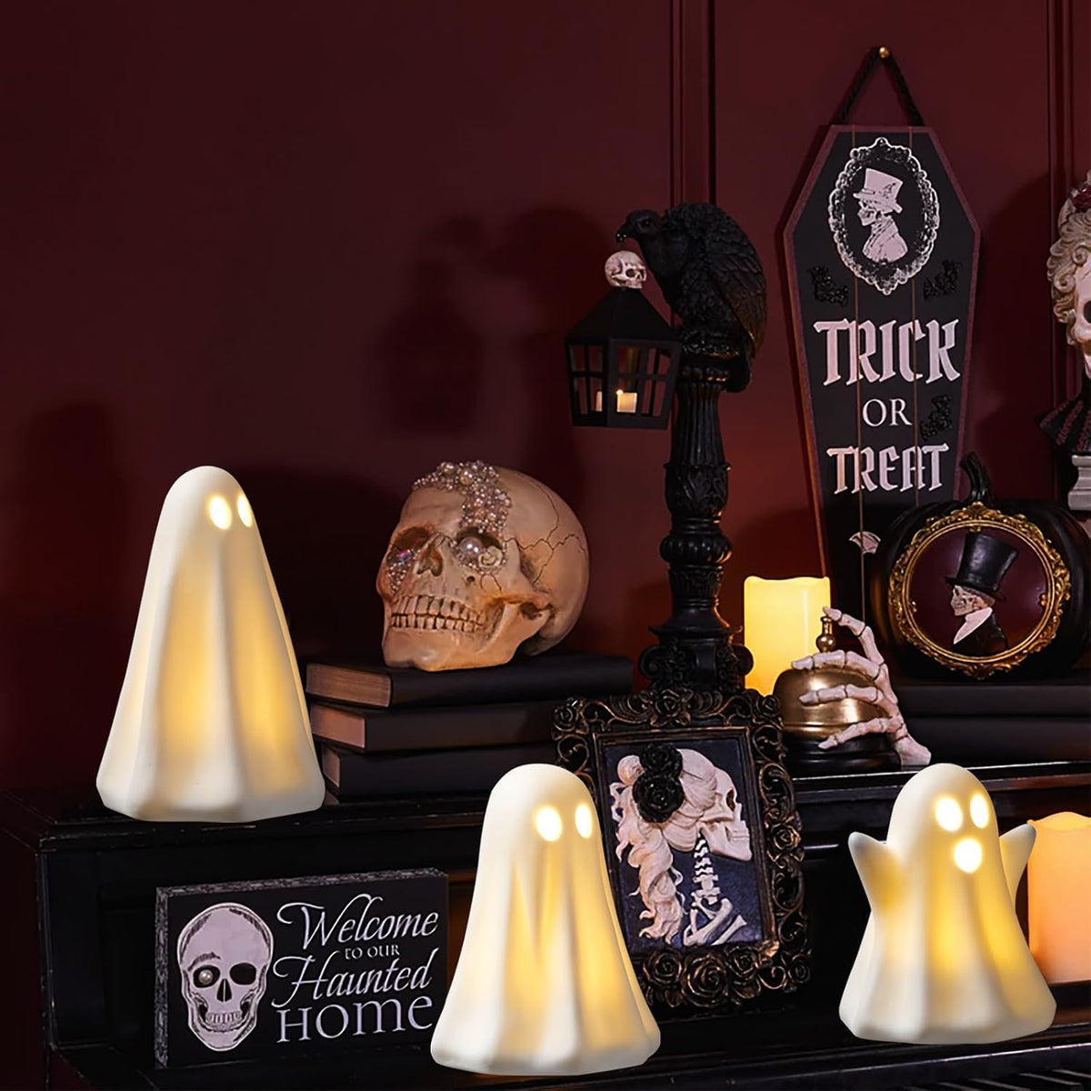 Light Up Ghost Halloween Decor,Ceramic Halloween Ghost Decorations Indoor