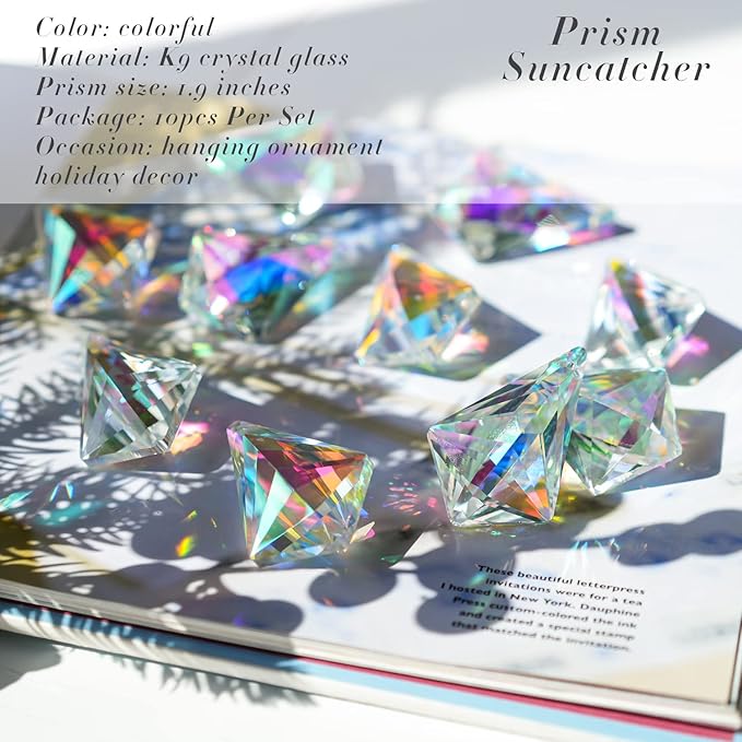 50mm Sun Catchers with Crystals, 10 Pcs Hanging Crystals Suncatchers for Windows, Colored Horns Crystal Prisms,Glass Pendant Suncatchers for Chandeliers, Garden, Christmas Tree Decor