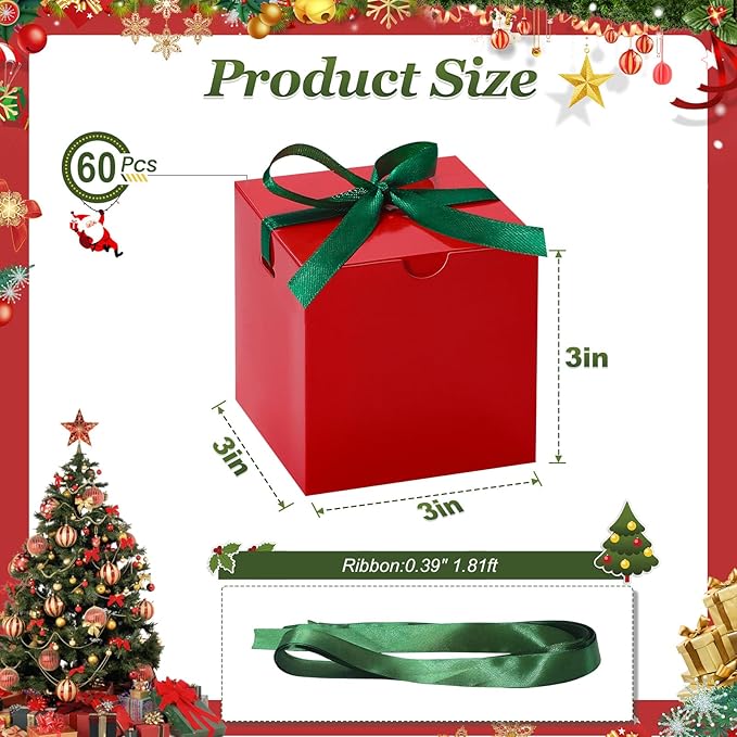 DOYIDE 60 Pcs Small Gift Boxes, 3x3x3 inches Kraft Paper Gift Box with Ribbons, Red Candy Boxes for Christmas Wedding Favors Baby Shower Bridal Shower Birthday Party