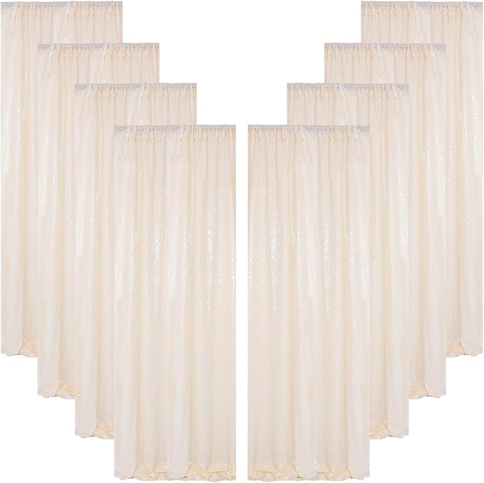 ShinyBeauty Ivory Backdrop 2FTx8FT Sequin Curtains 8 Pieces Photo Backdrops Glitter Photograph Background Beige Curtain Panles for Birthday/Baby Shower/Prom Decorations