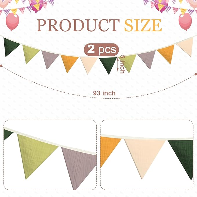 Oudain 15.5 ft Pennant Banner Flags, 2 Pcs Nursery Garland Triangle Bunting Flag Baby Banner for Nursery Decor Baby Birthday Boho Wedding Shower Party Event, Each 7.75 ft(Green Color)