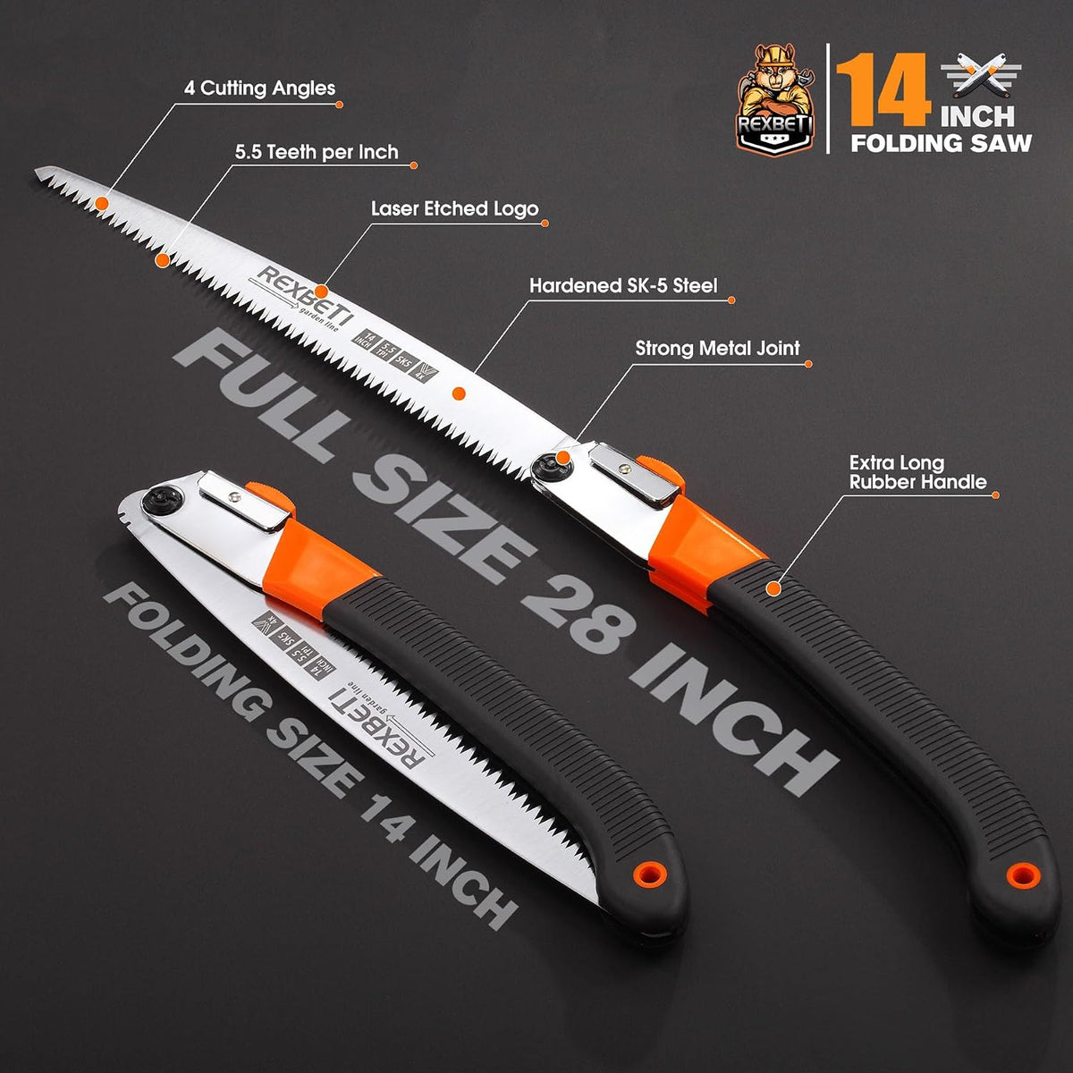rexbeti 14-inch folding pruning saw, extra long hand, close-up detail