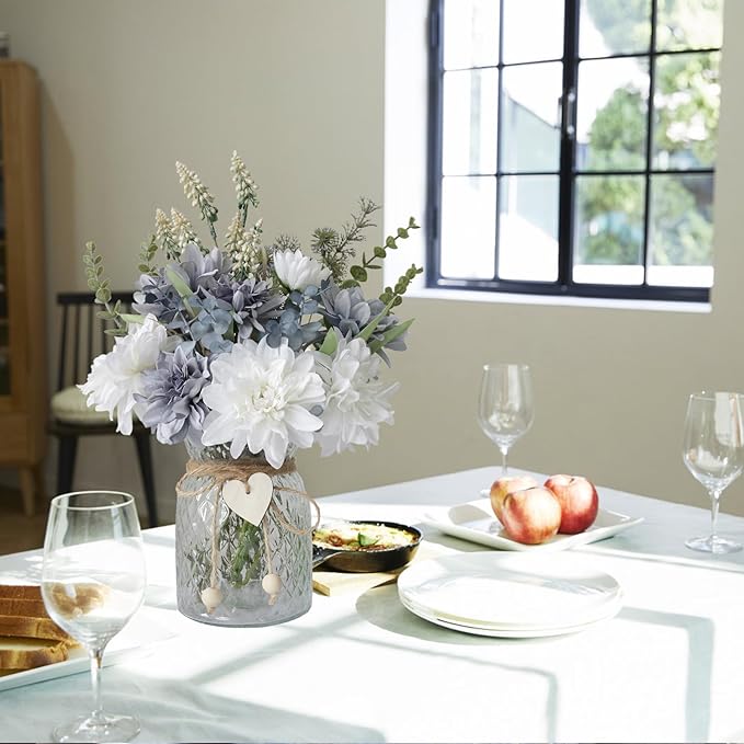 Fake Flowers with Vase,8 Dahlias, with a Flower Arrangement Holder,Silk Faux Dahlia Artificial Flowers in Vase,Centerpiece Table Decorations,Coffee Table Decor