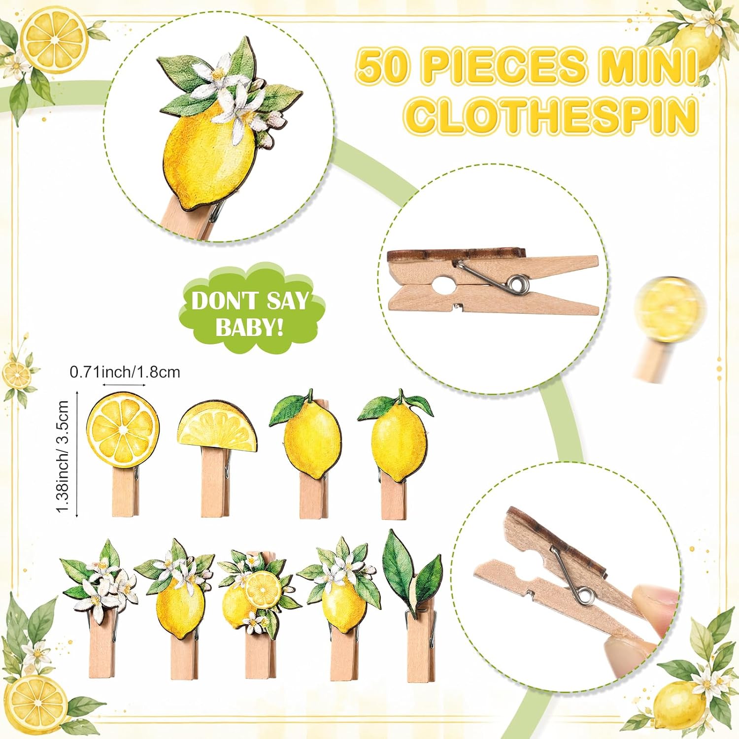 Unittype 51 Pcs Don't Say Baby Shower Game Supplies Include Baby Shower Sign and 50 Mini Clothespins for Boys Girls Gender Reveal Party Game Prizes (Lemon)