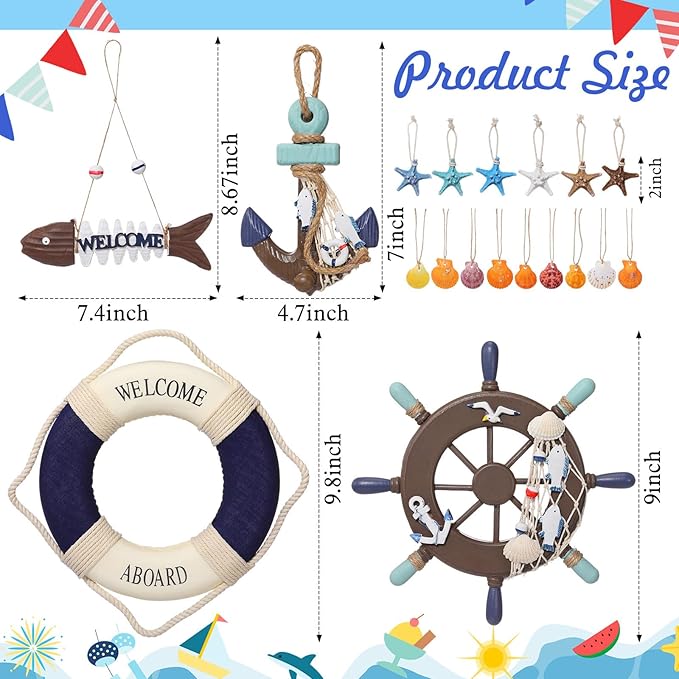 Marsui 11 Pcs Wooden Nautical Wall Decor Fishing Net Decoration, Include Decorative Fishing Net, Ship wheel, Fish Skeleton, Life Ring, Anchor, Starfish Beach Decor for Mediterranean Party (Brown)